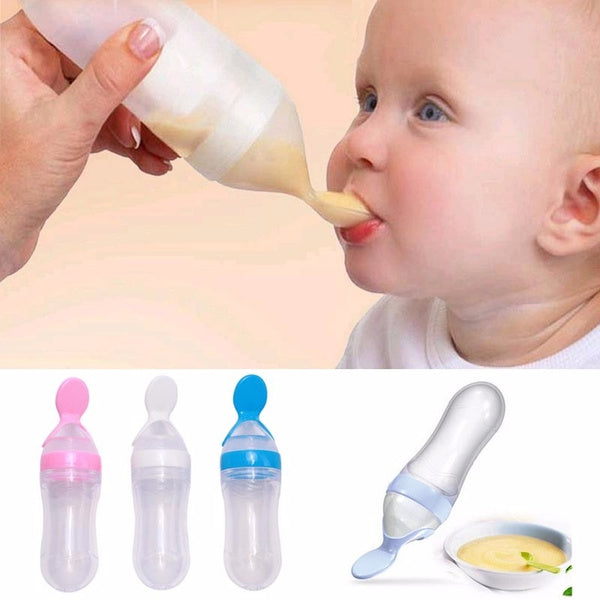 Baby Feeding Bottle With Spoon, designed for easy and mess-free feeding, made from BPA-free materials and ideal for liquids or purees.