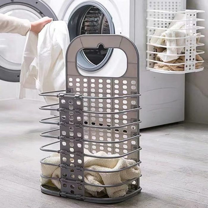 Collapsible Laundry Organizer Basket for dirty laundry with a space-saving design and sturdy handles for easy transport.