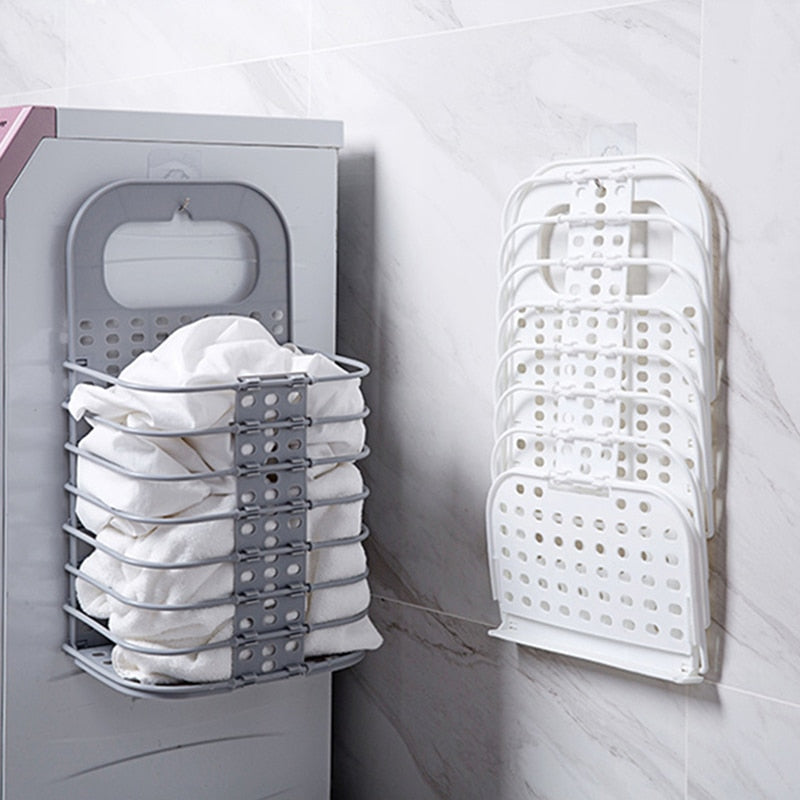 Collapsible Laundry Organizer Basket for dirty laundry with a space-saving design and sturdy handles for easy transport.