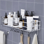 "Punch-Free Corner Storage Rack Shower Basket with adhesive installation, providing efficient and space-saving bathroom storage.