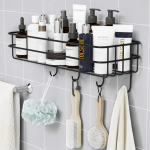 "Punch-Free Corner Storage Rack Shower Basket with adhesive installation, providing efficient and space-saving bathroom storage.