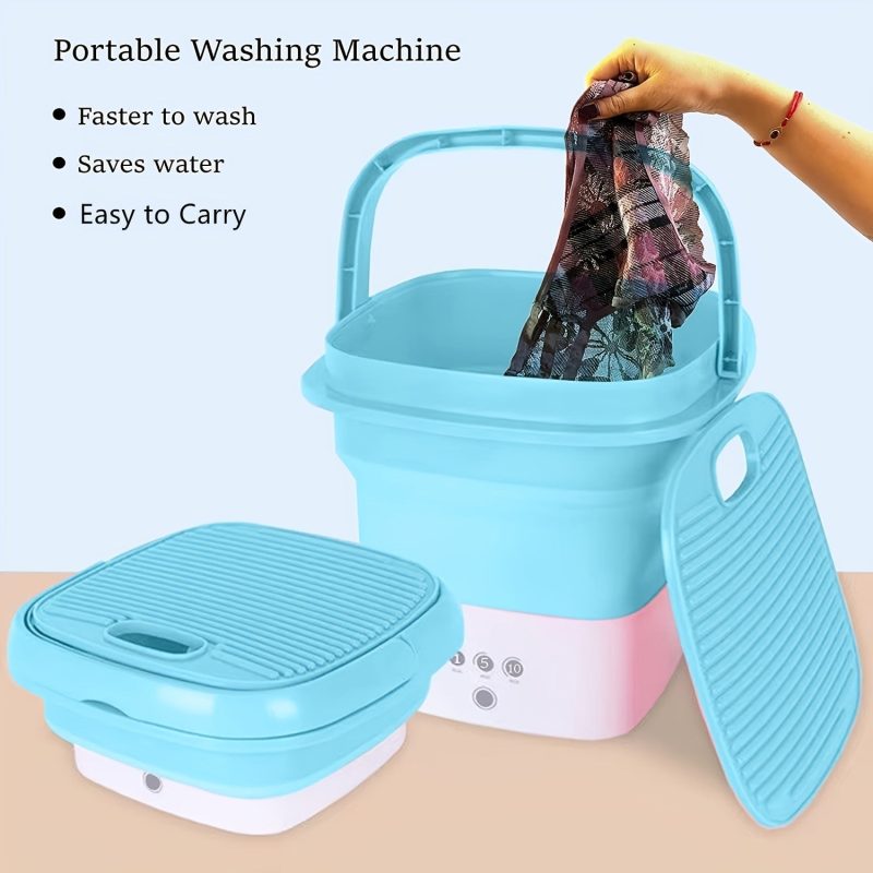 Folding washing machine with dryer bucket, portable and space-saving solution for small apartments and travel