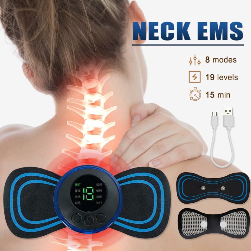 Electric EMS Neck Massager – Mini cervical back muscle pain relief stimulator for muscle relaxation and stress relief.